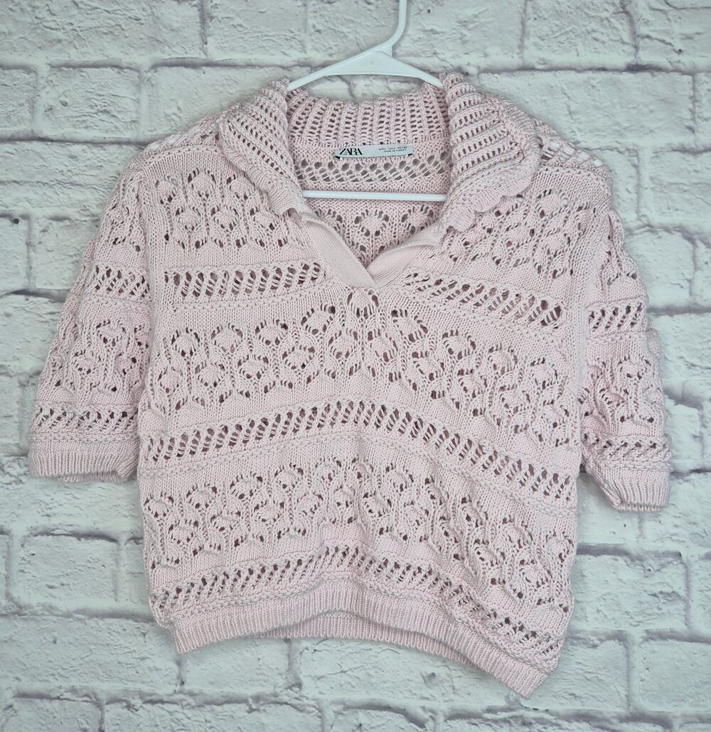 Zara Pink Open Pointelle Knit Polo Sweater Top Large Short Sleeve Cotton crochet